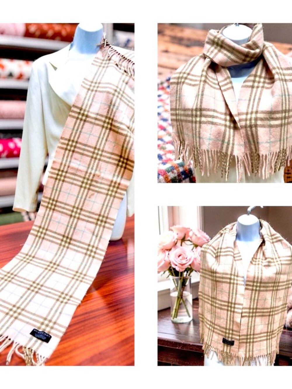 Vgt  Burberry  LampsWool  Scarf 56"x11" Light Pink Peach Gray check Plaid (14